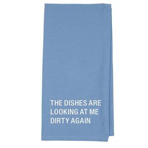 NWT Sky blue About Face Designs kitchen tea towel DIRTY DISHES funny saying